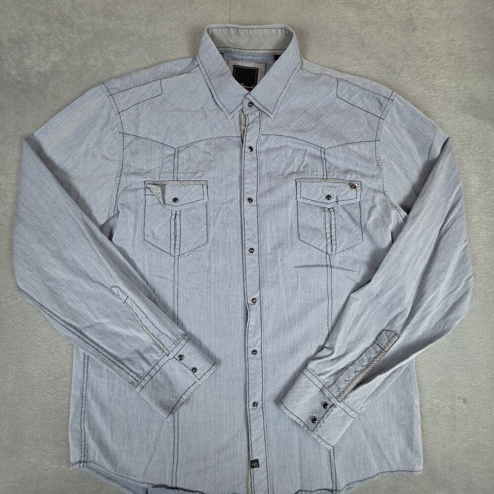 7 Diamonds Western Snap Shirt Mens Large Blue Chambray Pearl Snap Button Up